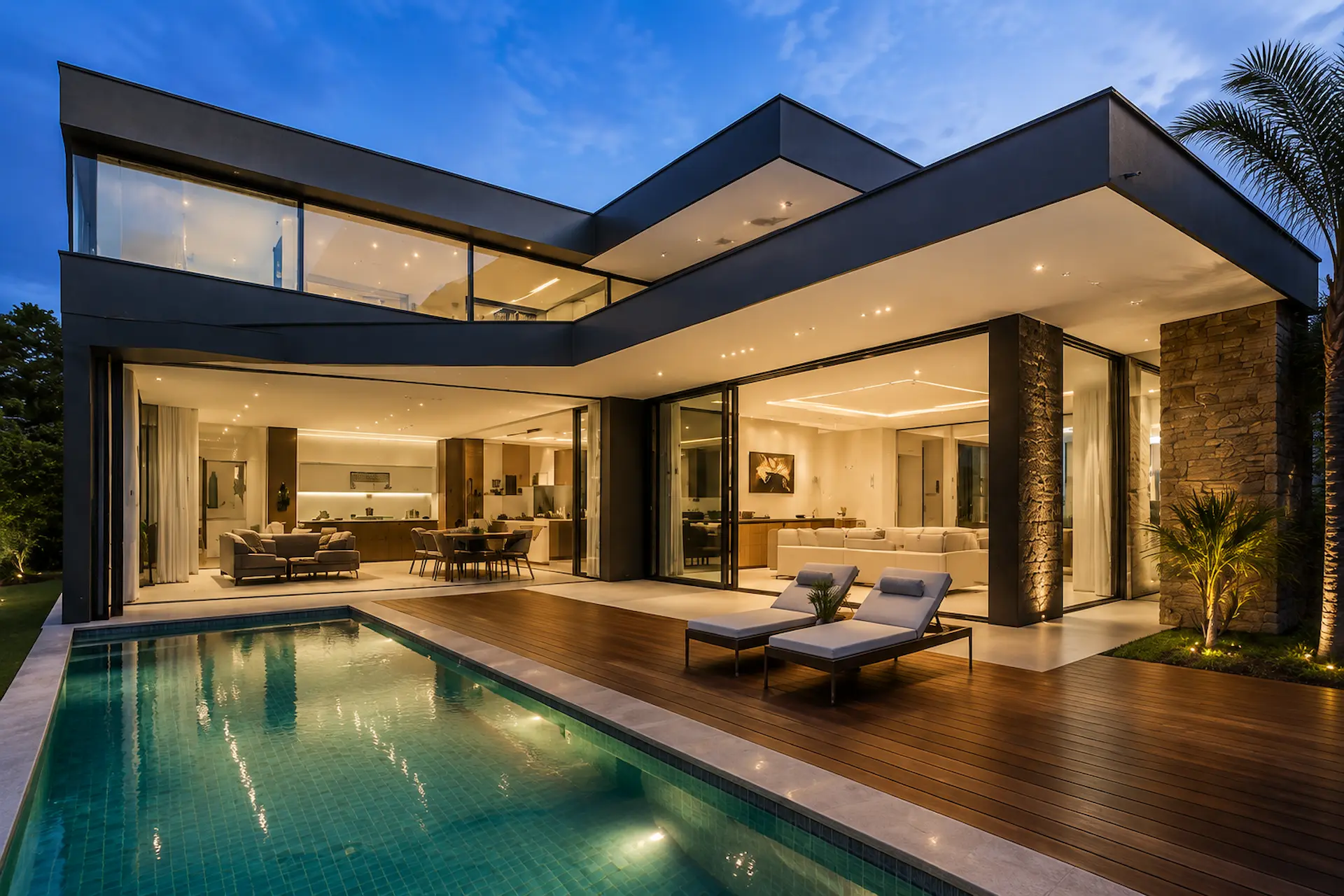 Casa moderna com iluminação noturna